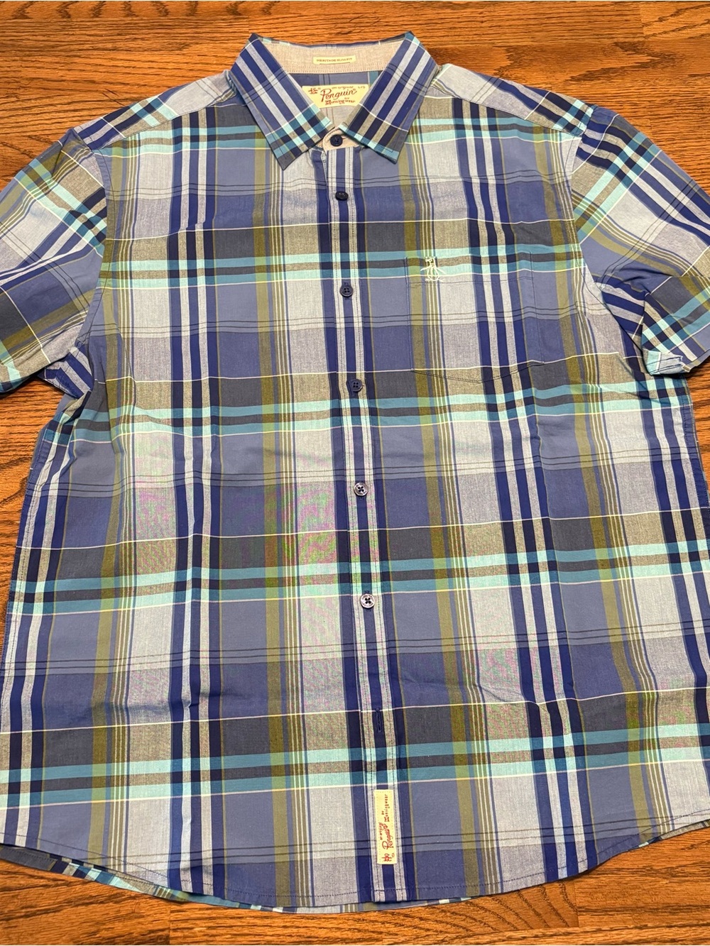 Original Penguin Short-Sleeve Plaid Button-Up Shirt - Blue Green Large Slim Fit